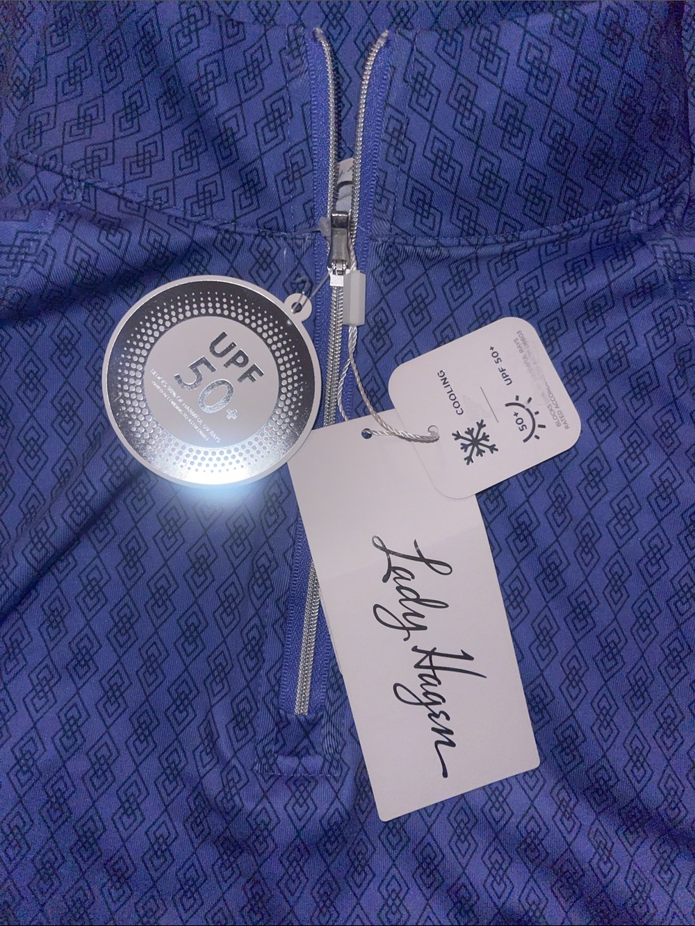Lady Hagen Perforated UV Light Blue Quarter-Zip Argyle Geo Long Sleeve Top - Picture 2 of 2